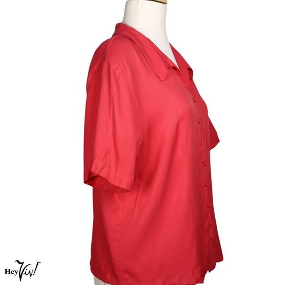 Vintage 80s Impressions Blouse Top Pink Rayon Padded Shoulders Size L - Hey Viv - Picture 2 of 8